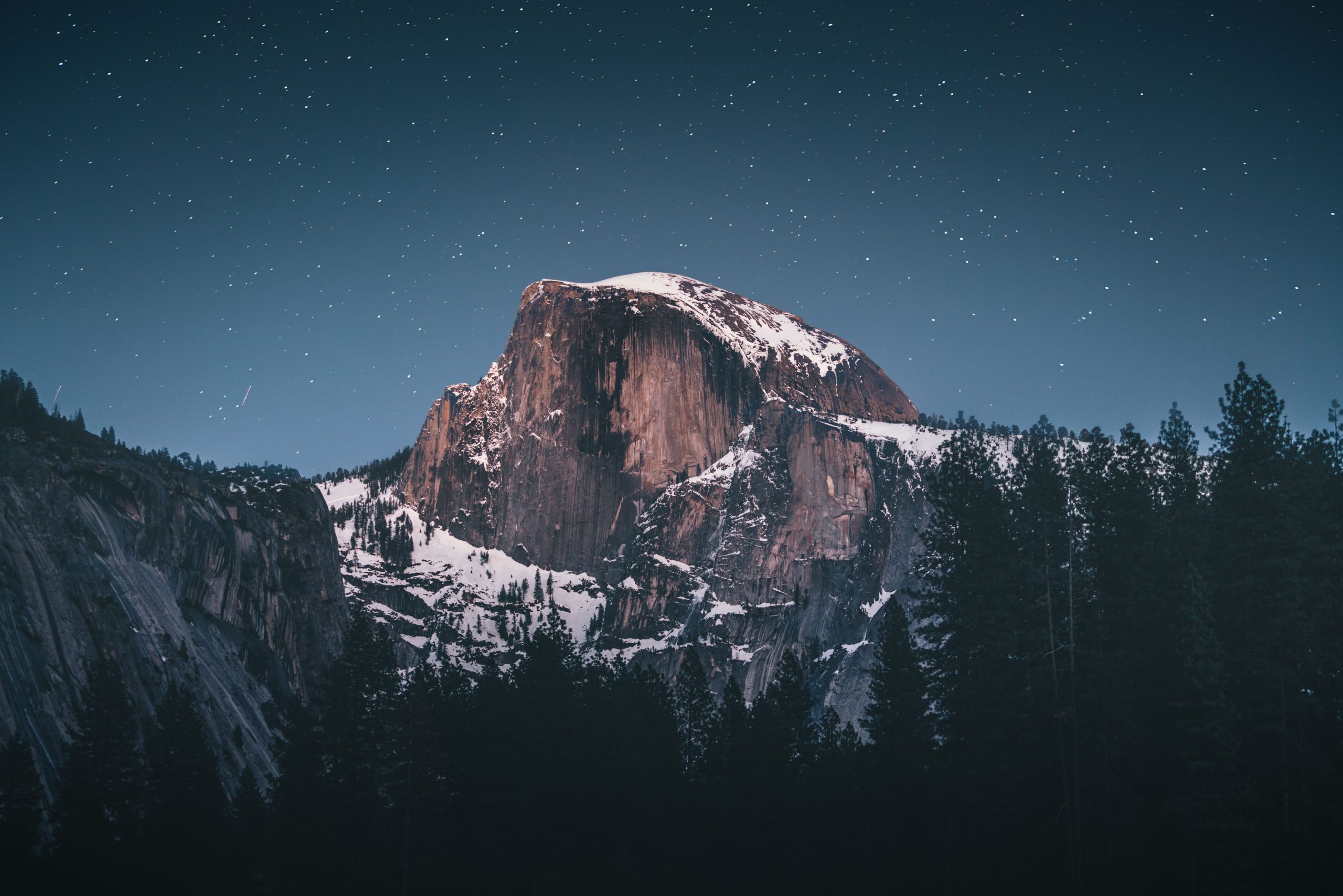 Mountain and forest landscape beneath a starry sky